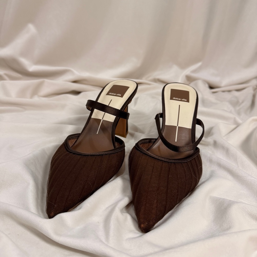 Dolce Vita Nayati Brown Mesh Pointed Toe Mule Heels 7.5 Chocolate Sheer - Picture 2 of 7